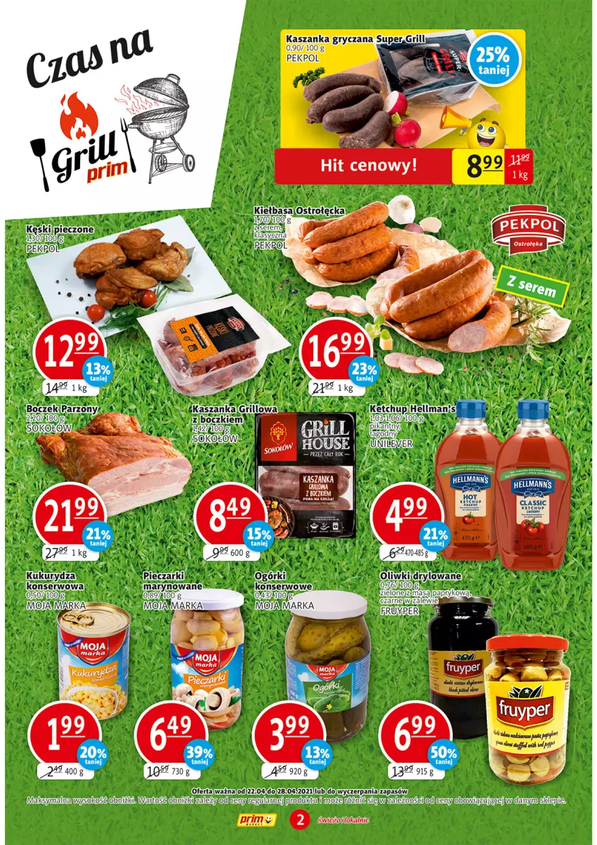 Gazetka promocyjna Prim Market - Gazetka - ważna 22.04 do 28.04.2021 - strona 2 - produkty: Cif, Grill, Kasza, Kaszanka, Ketchup, Kiełbasa, Kukurydza, Oliwki, Pekpol, Piec, Ser, Sok