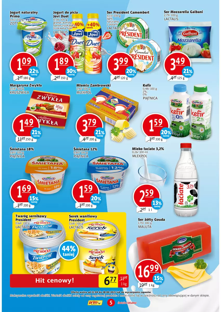 Gazetka promocyjna Prim Market - Gazetka - ważna 22.04 do 28.04.2021 - strona 5 - produkty: Acer, Camembert, Galbani, Gouda, Gra, Jogurt, Jogurt naturalny, Kefir, Kiwi, Margaryna, Mleko, Mozzarella, Piątnica, Ser, Serek, Sok, Twaróg