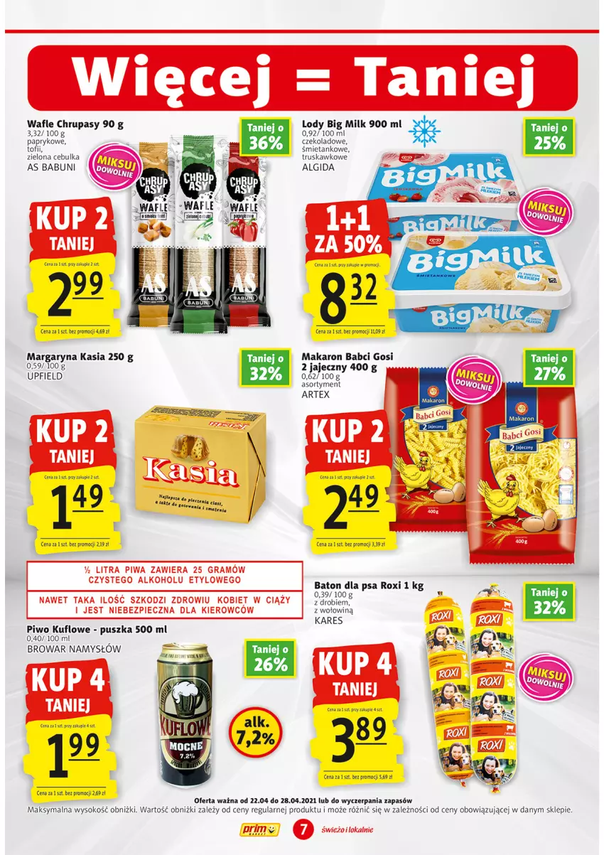 Gazetka promocyjna Prim Market - Gazetka - ważna 22.04 do 28.04.2021 - strona 7 - produkty: Algida, Babuni, Baton, Baton dla psa, Gra, Kasia, LG, Makaron, Margaryna, Namysłów, Piec, Piwa, Piwo, Sok, Wafle