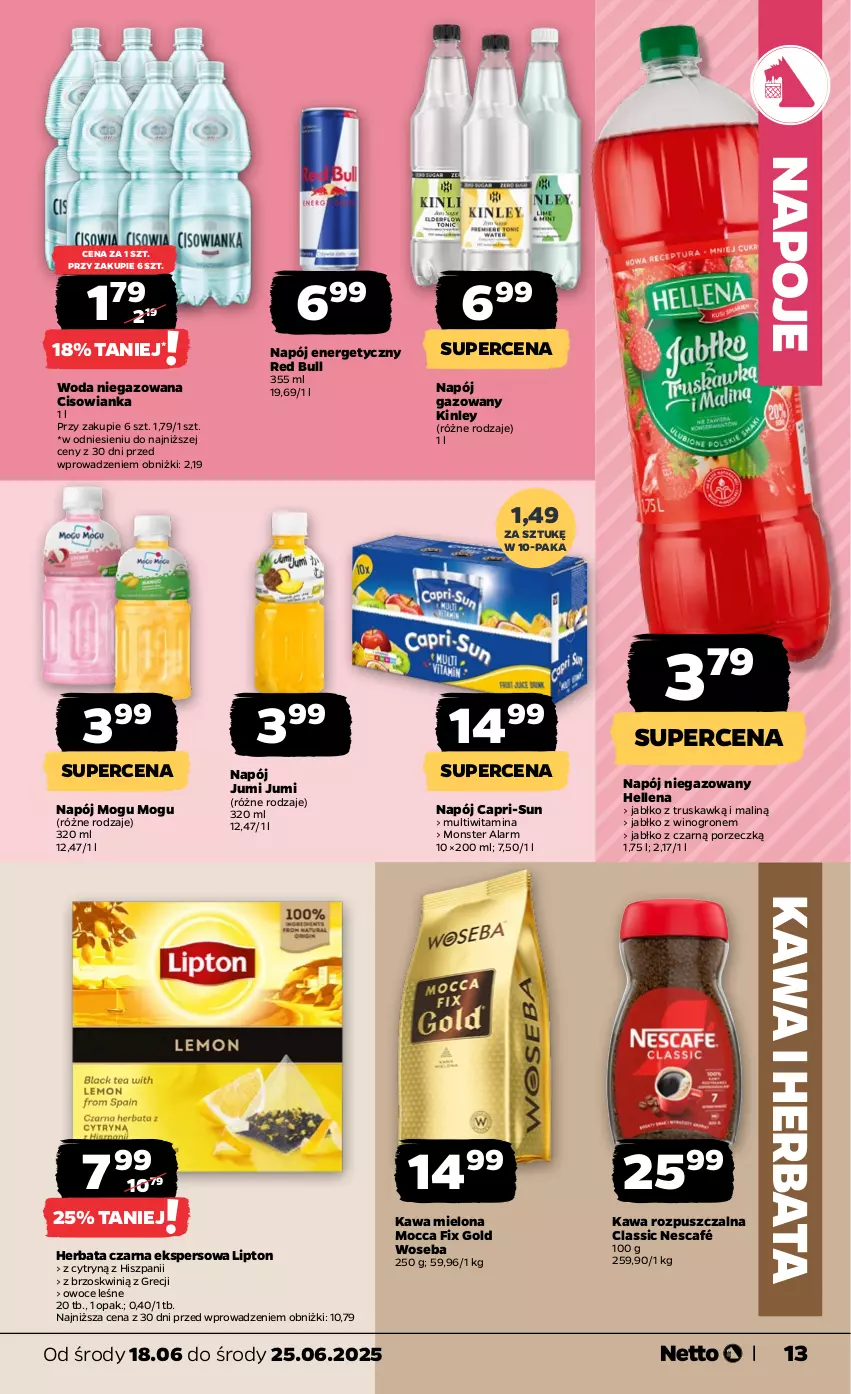 Gazetka promocyjna Netto - Od Środy - ważna 18.06 do 25.06.2025 - strona 13 - produkty: Cisowianka, Hellena, Herbata, Herbata czarna, Kawa, Kawa mielona, Kawa rozpuszczalna, Lipton, Mocca Fix Gold, Napój, Napój energetyczny, Napój gazowany, Napój niegazowany, Napoje, Nescafé, Owoce, Por, Red Bull, Wino, Woda, Woda niegazowana, Woseba