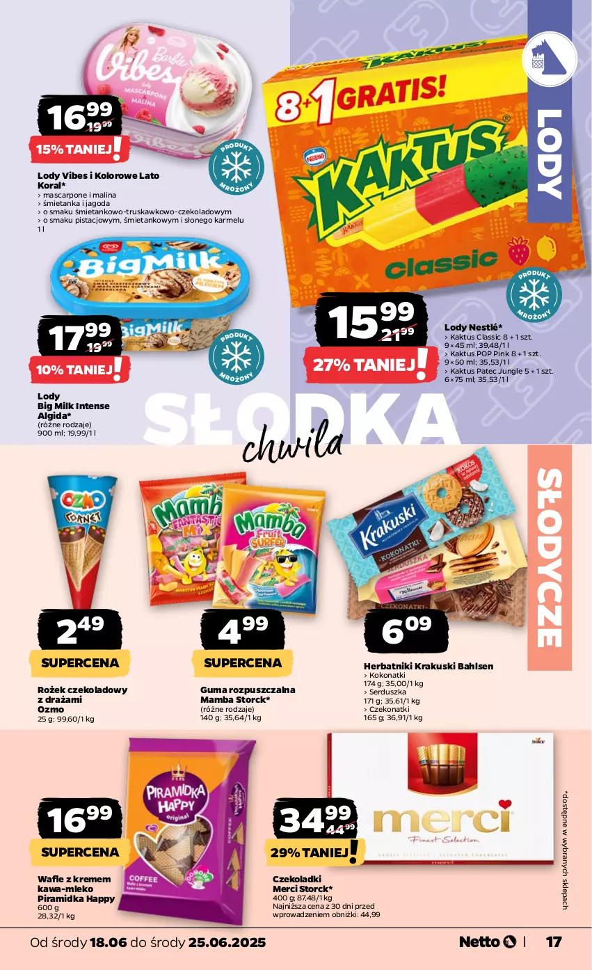 Gazetka promocyjna Netto - Od Środy - ważna 18.06 do 25.06.2025 - strona 17 - produkty: Algida, Big Milk, Guma rozpuszczalna, Herbatniki, Kaktus, Kawa, Krakus, Krakuski, LG, Lody, Mamba, Mascarpone, Merci, Mleko, Nestlé, Ser, Słodka Chwila, Wafle