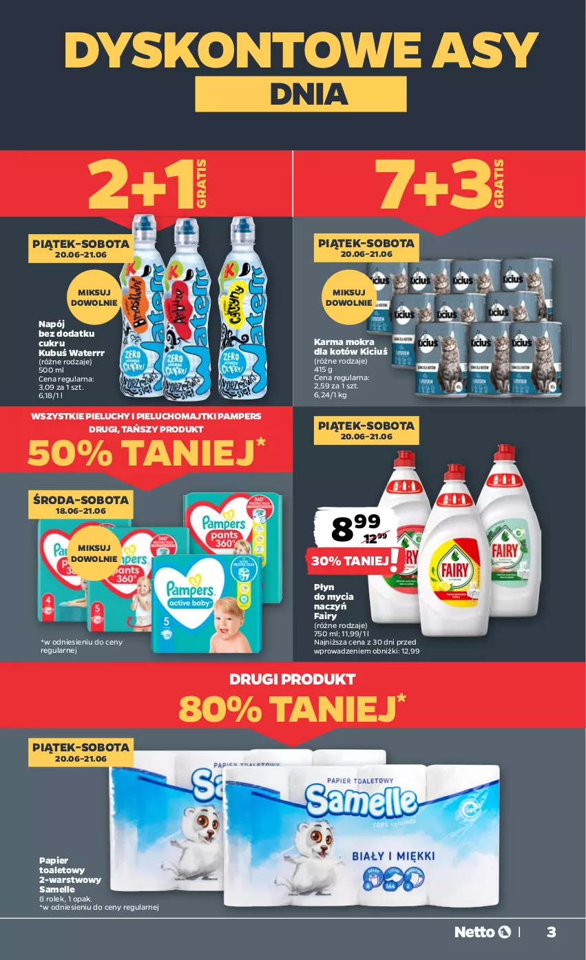 Gazetka promocyjna Netto - Od Środy - ważna 18.06 do 25.06.2025 - strona 3 - produkty: Do mycia naczyń, Fa, Fairy, Gra, Karma mokra dla kotów, Kubuś, Kubuś Waterrr, Majtki, Napój, Pampers, Papier, Papier toaletowy, Pieluchomajtki, Pieluchy, Płyn do mycia, Płyn do mycia naczyń