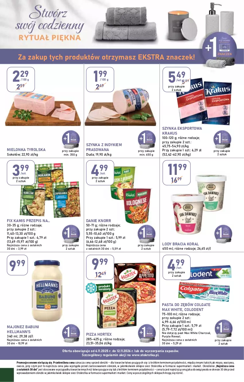 Gazetka promocyjna Stokrotka - Market - ważna 06.11 do 12.11.2025 - strona 20 - produkty: Babuni, Colgate, Duda, Hellmann’s, Hortex, Kamis, Knorr, Krakus, LG, Lody, Majonez, Mielonka tyrolska, Mięso, Owoce, Pasta do zębów, Pizza, Por, Pur, Sok, Sokołów, Sport, Szynka, Warzywa