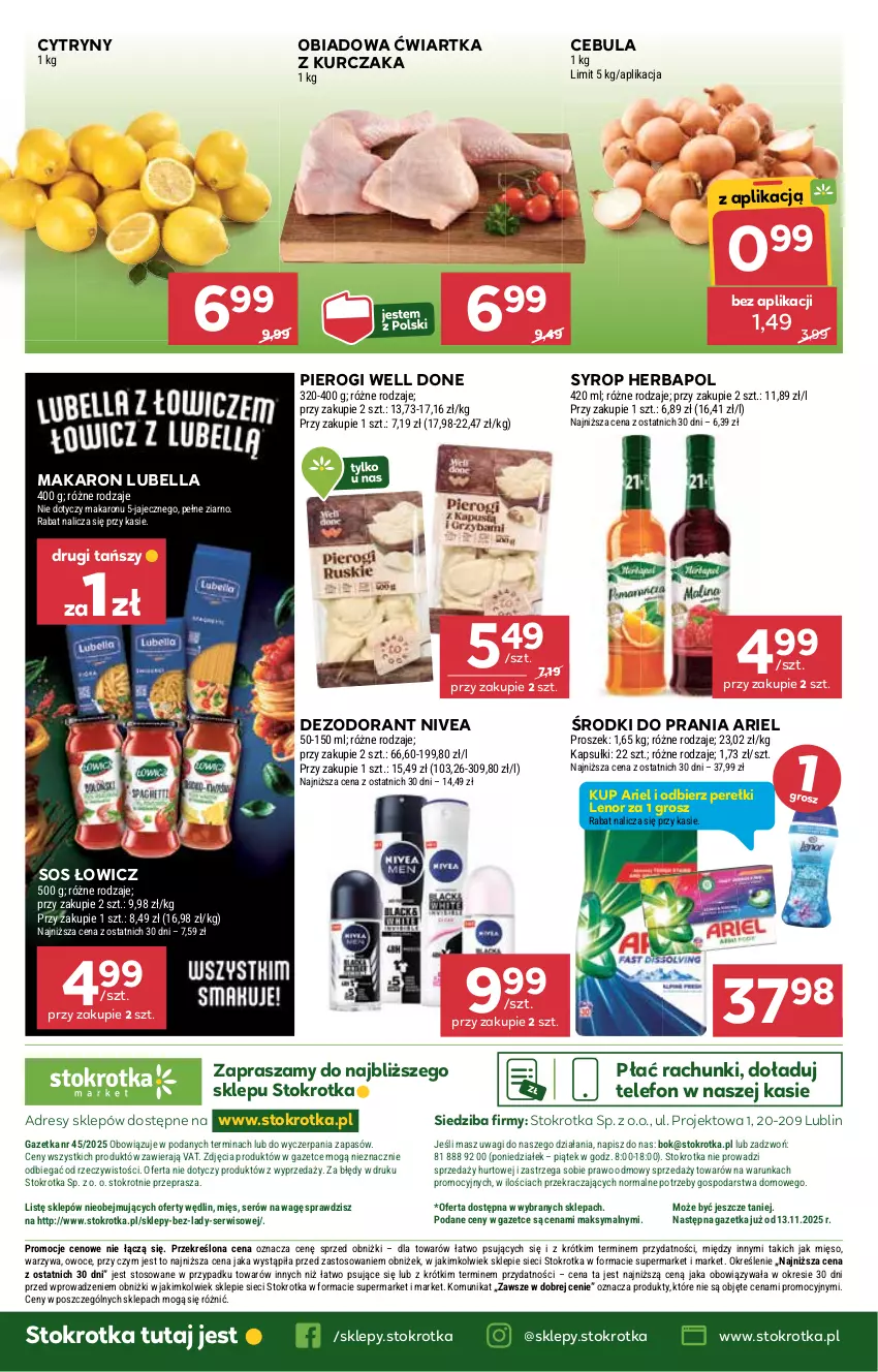 Gazetka promocyjna Stokrotka - Market - ważna 06.11 do 12.11.2025 - strona 24 - produkty: Ariel, Bell, Bella, Cebula, Cytryny, Dezodorant, Dres, Herbapol, JBL, Kurczak, Lenor, Lubella, Makaron, Mięso, Nivea, O nas, Owoce, Pierogi, Ser, Sos, Syrop, Telefon, Wagi, Warzywa