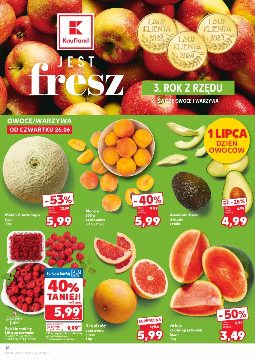 Gazetka promocyjna Kaufland - Gazetka tygodnia - ważna 26.06 do 02.07.2025 - strona 16 - produkty: Arbuz, Grejpfrut, Maliny, Melon, Owoce, Warzywa