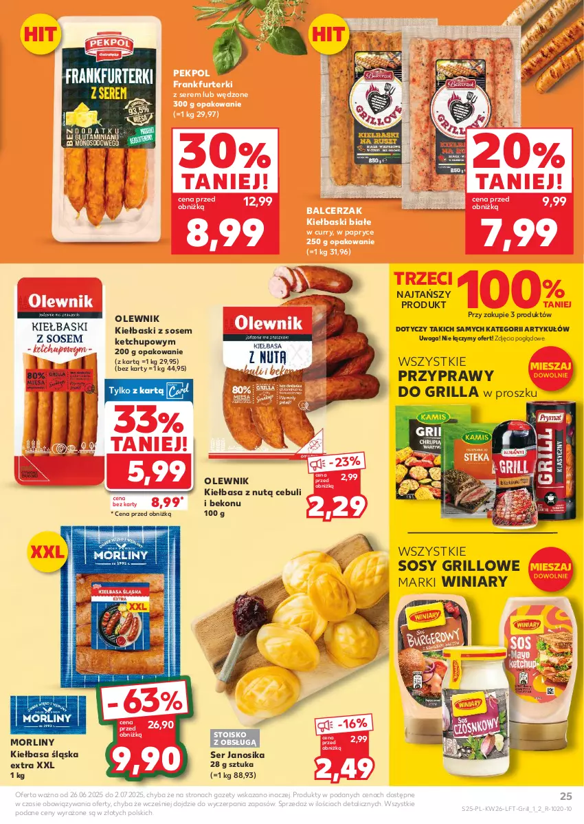Gazetka promocyjna Kaufland - Gazetka tygodnia - ważna 26.06 do 02.07.2025 - strona 25 - produkty: Beko, Frankfurterki, Grill, Ketchup, Kiełbasa, Kiełbasa śląska, Kiełbaski białe, Morliny, Olewnik, Pekpol, Przyprawy, Ser, Sos, Waga, Winiary