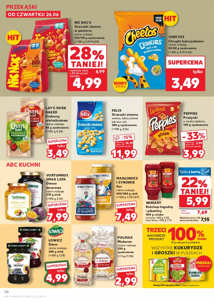 Gazetka promocyjna Kaufland - Gazetka tygodnia - ważna 26.06 do 02.07.2025 - strona 36 - produkty: Beko, Cheetos, Chrupki, Deser, Dżem, Felix, Ketchup, Krakersy, Lay’s, Makaron, Olma, Orzeszki, Orzeszki ziemne, Owoce, Ser, Sos, Waga, Winiary