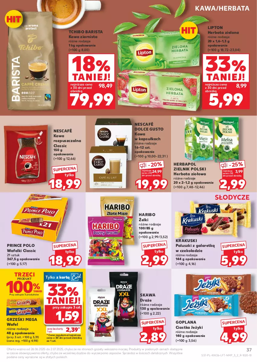 Gazetka promocyjna Kaufland - Gazetka tygodnia - ważna 26.06 do 02.07.2025 - strona 37 - produkty: Ciastka, Dolce Gusto, Gala, Goplana, Grześki, Haribo, Herbapol, Herbata, Jeżyki, Kawa, Kawa rozpuszczalna, Kawa ziarnista, Krakus, Krakuski, LANA, Lipton, Nescafé, Prince Polo, Tchibo, Tchibo Barista