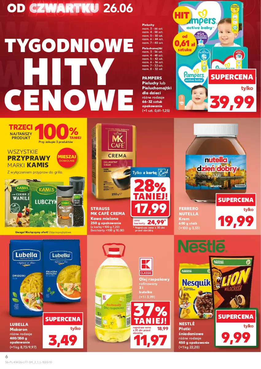 Gazetka promocyjna Kaufland - Gazetka tygodnia - ważna 26.06 do 02.07.2025 - strona 6 - produkty: Bell, Bella, Danio, Dzieci, Ferrero, Grill, Kamis, Kawa, Kawa mielona, Lubella, Majtki, Makaron, Nestlé, Nutella, Olej, Olej rzepakowy, Pampers, Pieluchomajtki, Pieluchy, Przyprawy, Waga