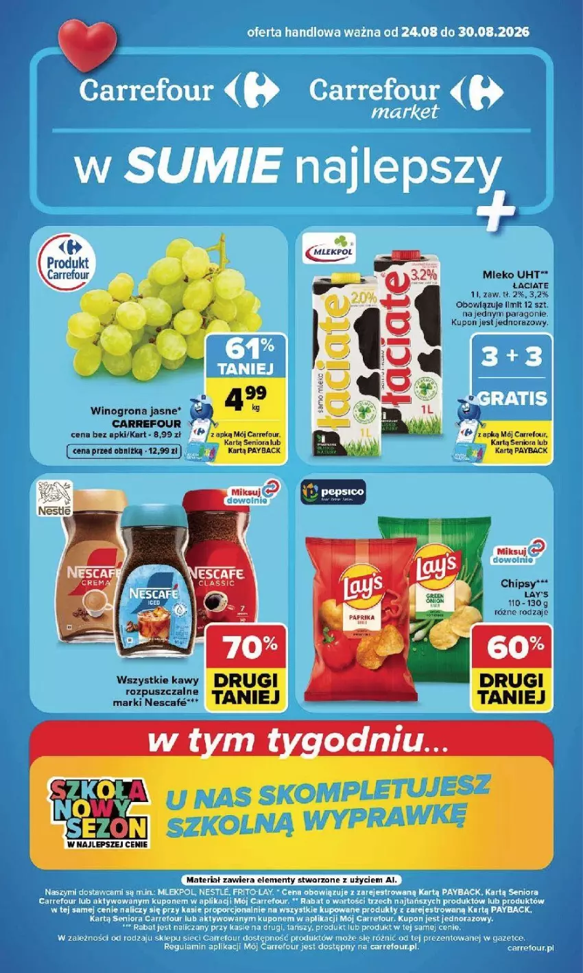 Gazetka promocyjna Carrefour - Gazetka Carrefour, Market w SUMIE najlpeszy, od poniedziałku - ważna 24.08 do 30.08.2026 - strona 1 - produkty: Chipsy, Fa, Mleko