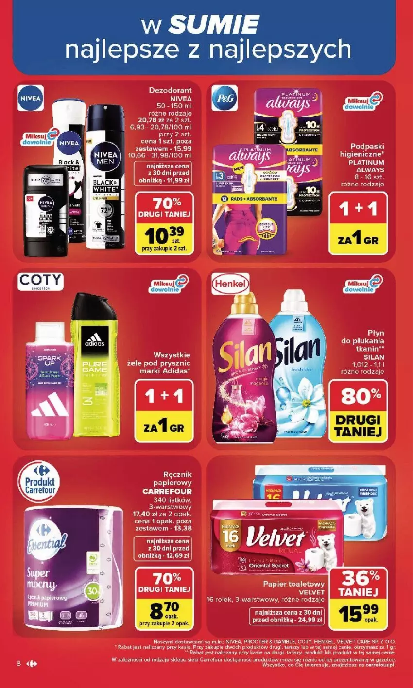 Gazetka promocyjna Carrefour - Gazetka Carrefour, Market w SUMIE najlpeszy, od poniedziałku - ważna 24.08 do 30.08.2026 - strona 10 - produkty: Adidas, Nivea, Silan, Velvet