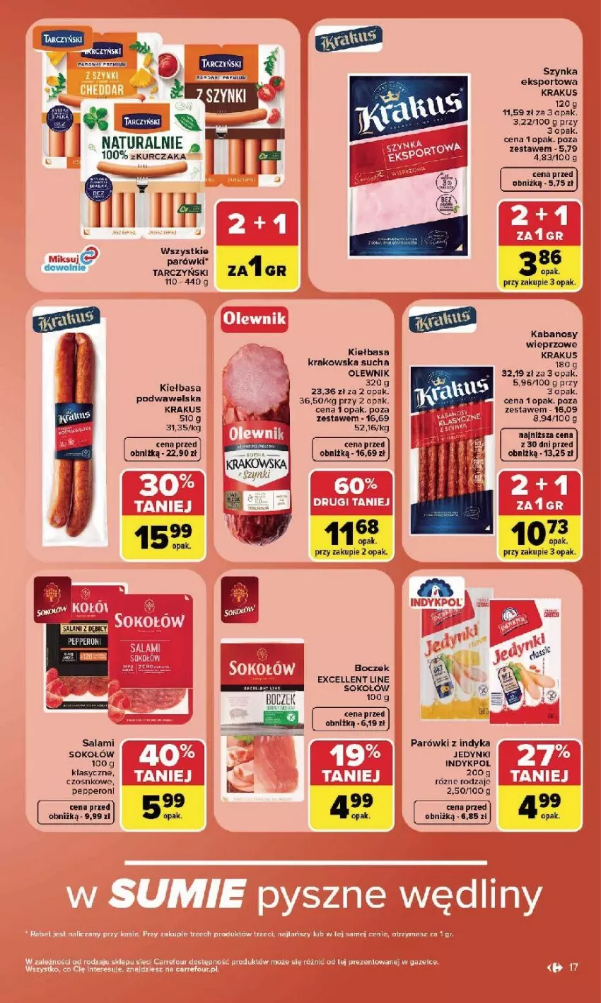 Gazetka promocyjna Carrefour - Gazetka Carrefour, Market w SUMIE najlpeszy, od poniedziałku - ważna 24.08 do 30.08.2026 - strona 19 - produkty: Boczek, Kabanos, Kiełbasa, Krakus, Kurczak, Olewnik, Parówki, Parówki z indyka, Por, Salami, Sok, Sokołów, Sport, Szynka, Tarczyński, Wawel