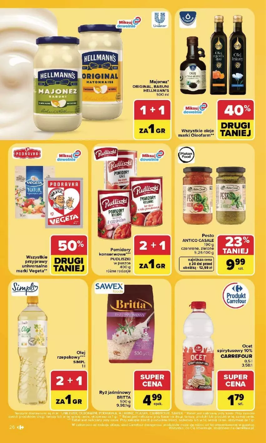 Gazetka promocyjna Carrefour - Gazetka Carrefour, Market w SUMIE najlpeszy, od poniedziałku - ważna 24.08 do 30.08.2026 - strona 28 - produkty: Babuni, Brit, Fa, Gin, Majonez, Ocet, Olej, Oleo, Oleofarm, Pesto, Pomidory, Przyprawy, Ryż, Ser, Vegeta