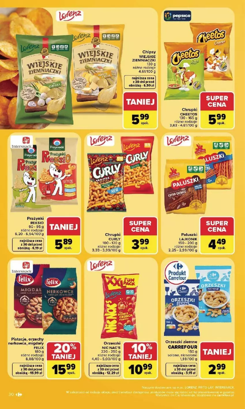 Gazetka promocyjna Carrefour - Gazetka Carrefour, Market w SUMIE najlpeszy, od poniedziałku - ważna 24.08 do 30.08.2026 - strona 32 - produkty: Cheetos, Chipsy, Chrupki, Felix, Lajkonik, Migdały, Orzeszki, Orzeszki ziemne, Pistacje