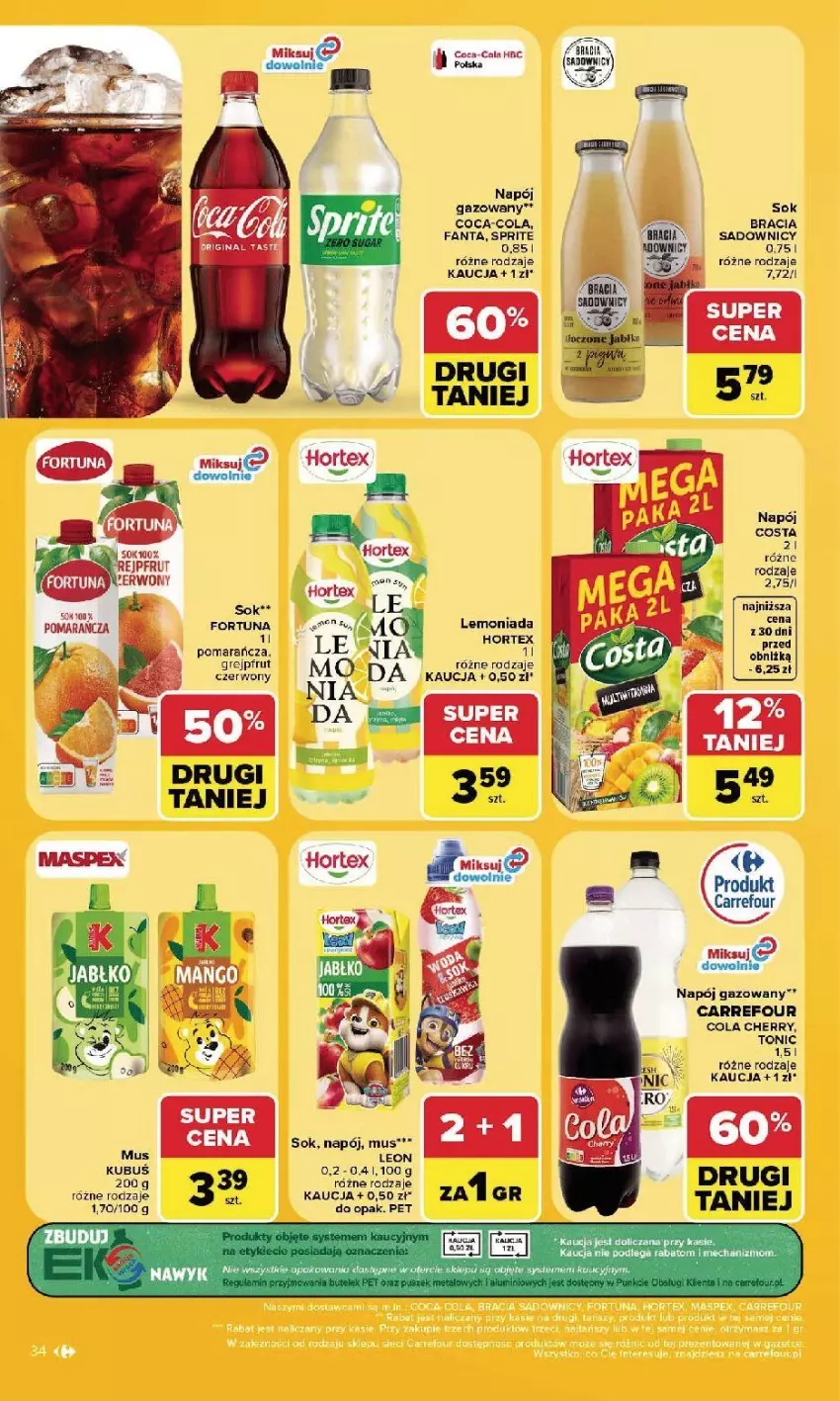Gazetka promocyjna Carrefour - Gazetka Carrefour, Market w SUMIE najlpeszy, od poniedziałku - ważna 24.08 do 30.08.2026 - strona 36 - produkty: Coca-Cola, Fa, Fanta, Fortuna, Gin, Grejpfrut, Hortex, Lemoniada, Leon, Mus, Napój, Sok, Sprite