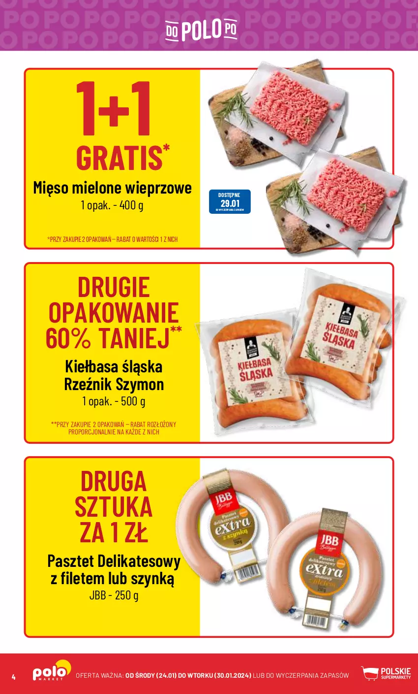 Gazetka promocyjna PoloMarket - Gazetka pomocyjna - ważna 24.01 do 30.01.2024 - strona 4 - produkty: Gra, Kiełbasa, Kiełbasa śląska, Mięso, Mięso mielone, Pasztet, Por