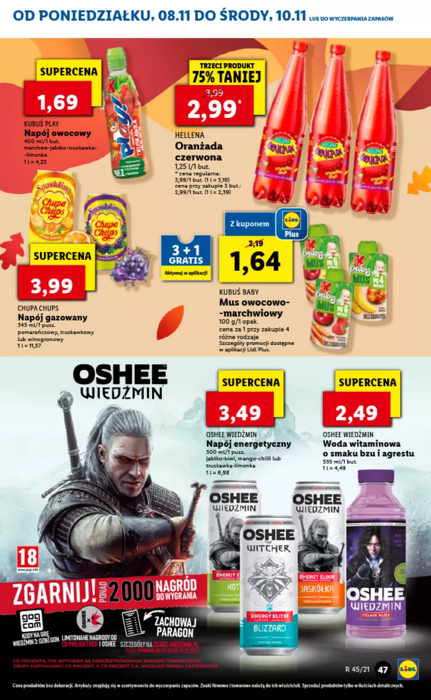 Gazetka promocyjna Lidl - GAZETKA - ważna 08.11 do 10.11.2021 - strona 47 - produkty: Chupa Chups, Gres, Hellena, Kiwi, Kubuś, LG, Limonka, Mango, Mus, Napój, Napój energetyczny, Napój gazowany, Oranżada, Oshee, Woda