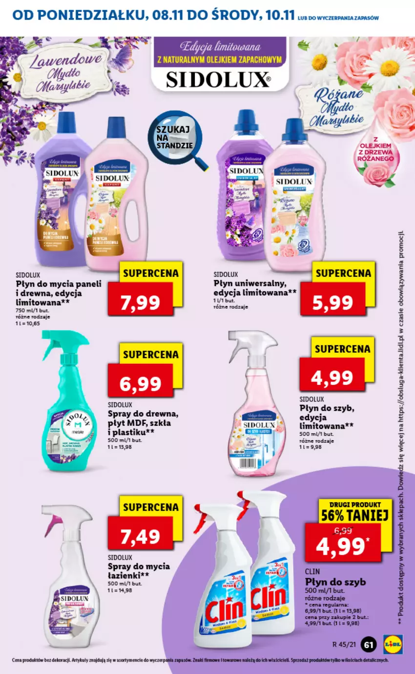 Gazetka promocyjna Lidl - GAZETKA - ważna 08.11 do 10.11.2021 - strona 61 - produkty: Olej, Płyn do mycia, Płyn do mycia paneli, Płyn do szyb, Róża, Sidolux