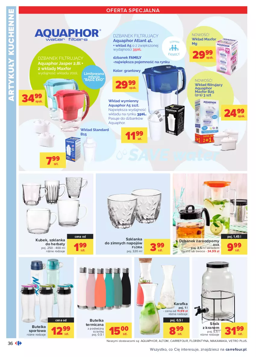 Gazetka promocyjna Carrefour - Gazetka Carrefour - ważna 03.05 do 15.05.2021 - strona 36 - produkty: Aquaphor, Butelka sportowa, Dzbanek, Flora, Karafka, Kubek, Owoce, Por, Sport, Szklanka