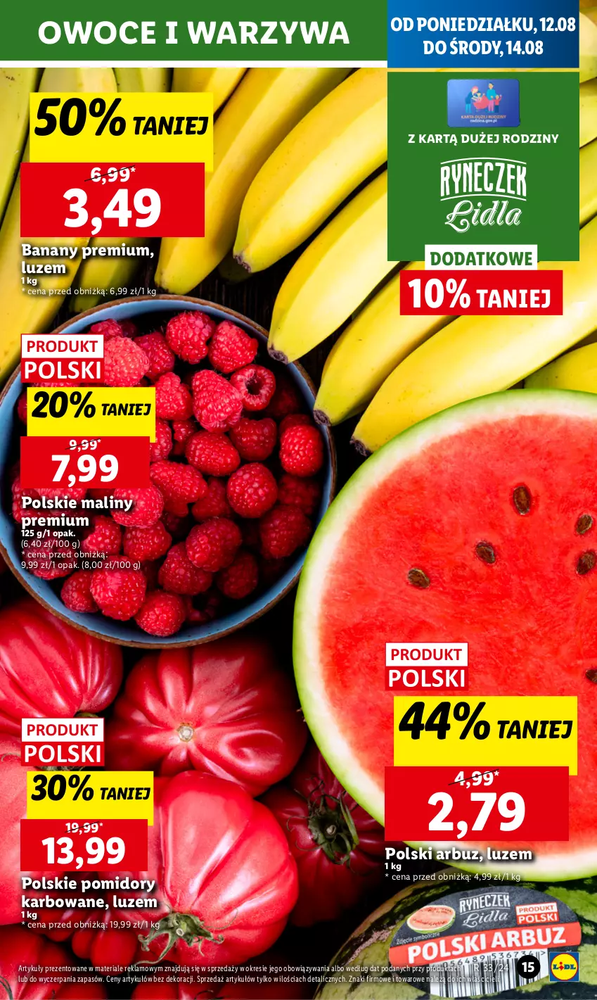 Gazetka promocyjna Lidl - GAZETKA - ważna 12.08 do 14.08.2024 - strona 21 - produkty: Arbuz, Banany, Chleb, Maliny, Owoce, Pomidory, Ser, Warzywa