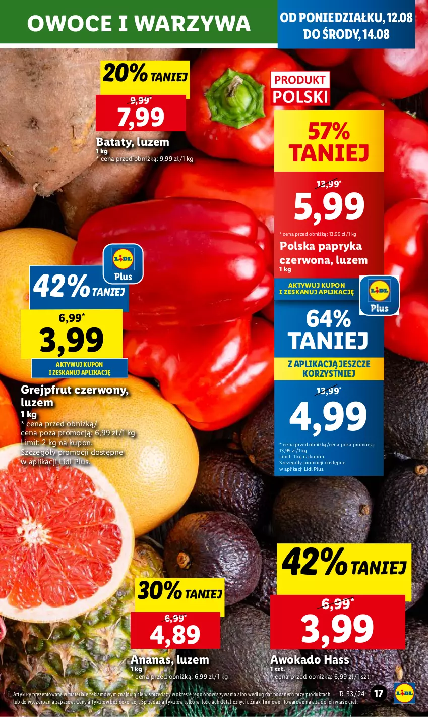 Gazetka promocyjna Lidl - GAZETKA - ważna 12.08 do 14.08.2024 - strona 23 - produkty: Ananas, Grejpfrut, Owoce, Papryka, Papryka czerwona, Warzywa