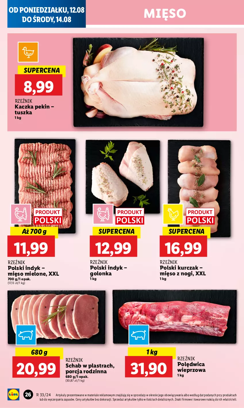 Gazetka promocyjna Lidl - GAZETKA - ważna 12.08 do 14.08.2024 - strona 32 - produkty: Kaczka, Kurczak, Mięso, Mięso mielone, Polędwica, Por, Tusz