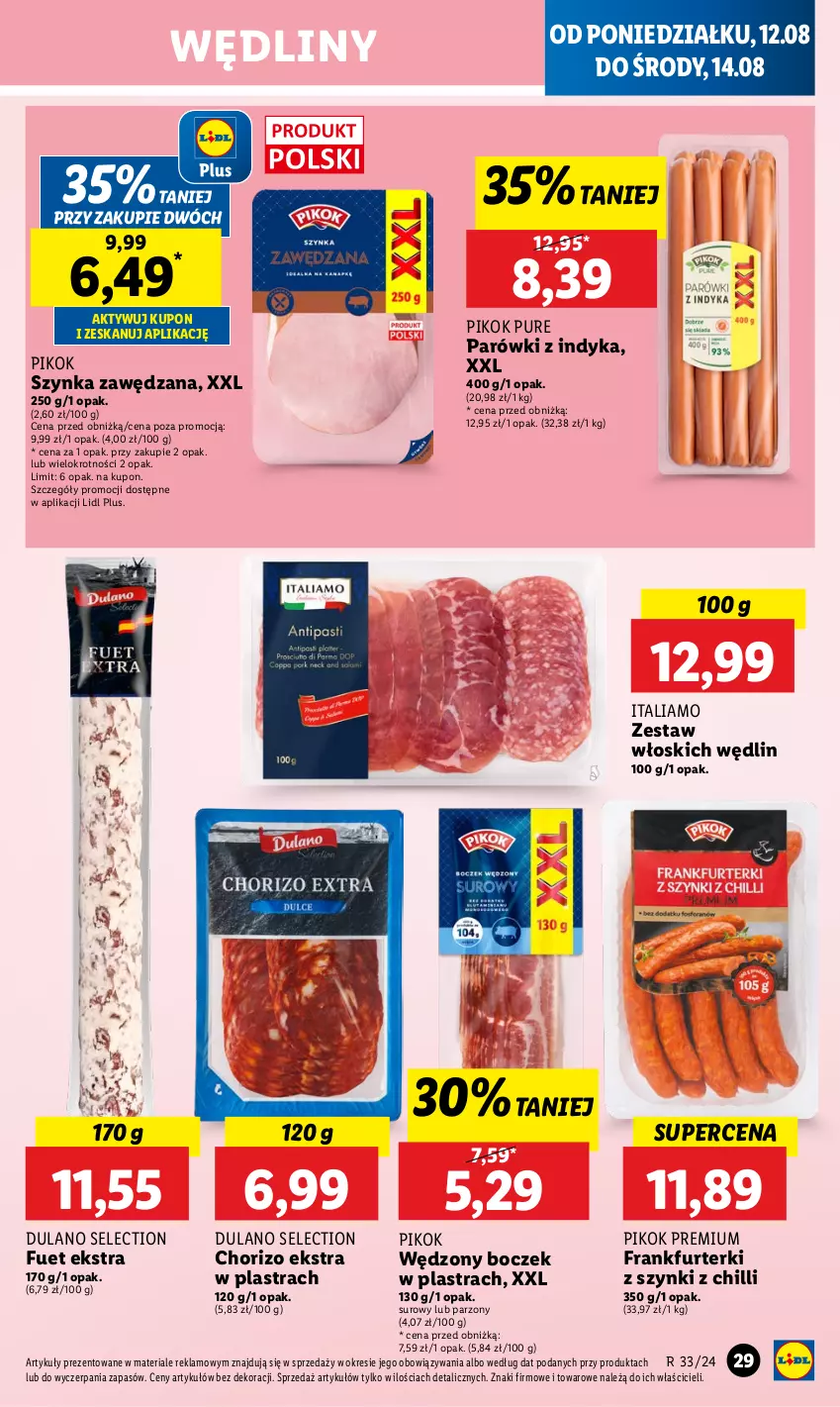 Gazetka promocyjna Lidl - GAZETKA - ważna 12.08 do 14.08.2024 - strona 35 - produkty: Boczek, Dulano, Frankfurterki, Parówki, Parówki z indyka, PIKOK, Pur, Szynka