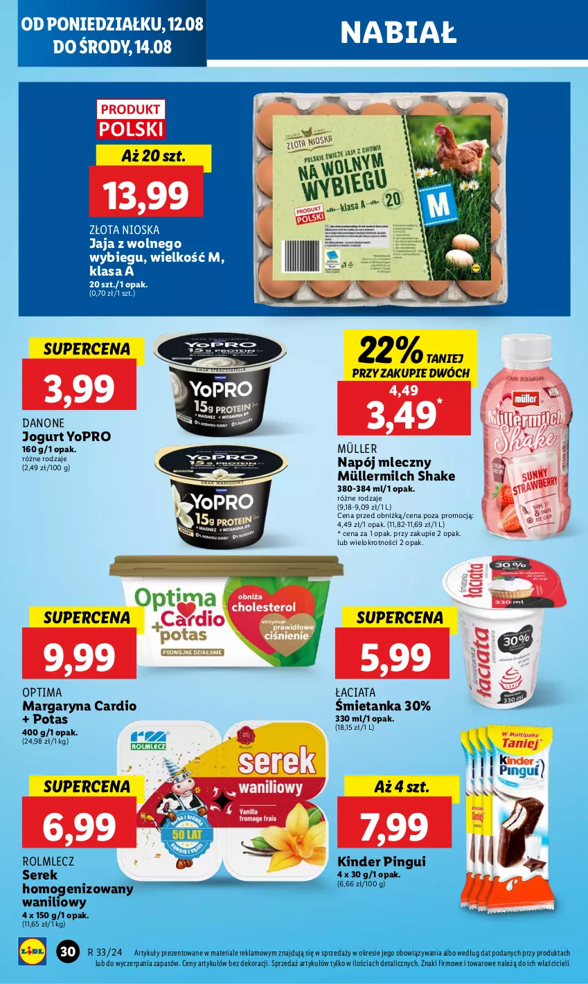 Gazetka promocyjna Lidl - GAZETKA - ważna 12.08 do 14.08.2024 - strona 36 - produkty: Danone, Jaja, Jaja z wolnego wybiegu, Jogurt, Kinder, Margaryna, Müller, Müllermilch, Napój, Napój mleczny, Optima, Rolmlecz, Ser, Serek, Serek homogenizowany