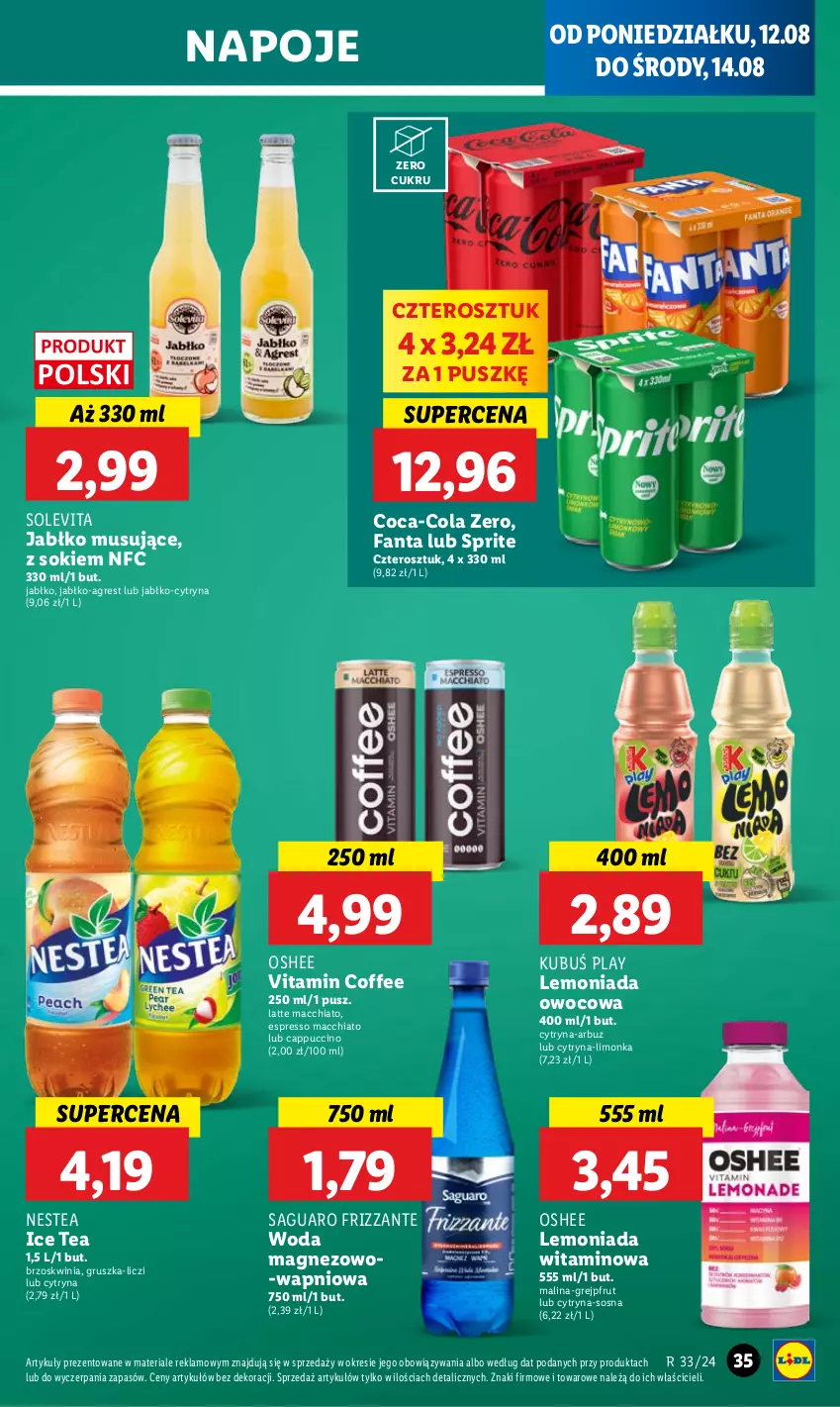 Gazetka promocyjna Lidl - GAZETKA - ważna 12.08 do 14.08.2024 - strona 41 - produkty: Arbuz, Cappuccino, Chia, Coca-Cola, Fa, Fanta, Grejpfrut, Gres, Ice tea, Kubuś, Lemoniada, Liczi, Limonka, Magnez, Mus, Napoje, Nestea, Oshee, Sok, Sos, Sprite, Vita C, Woda