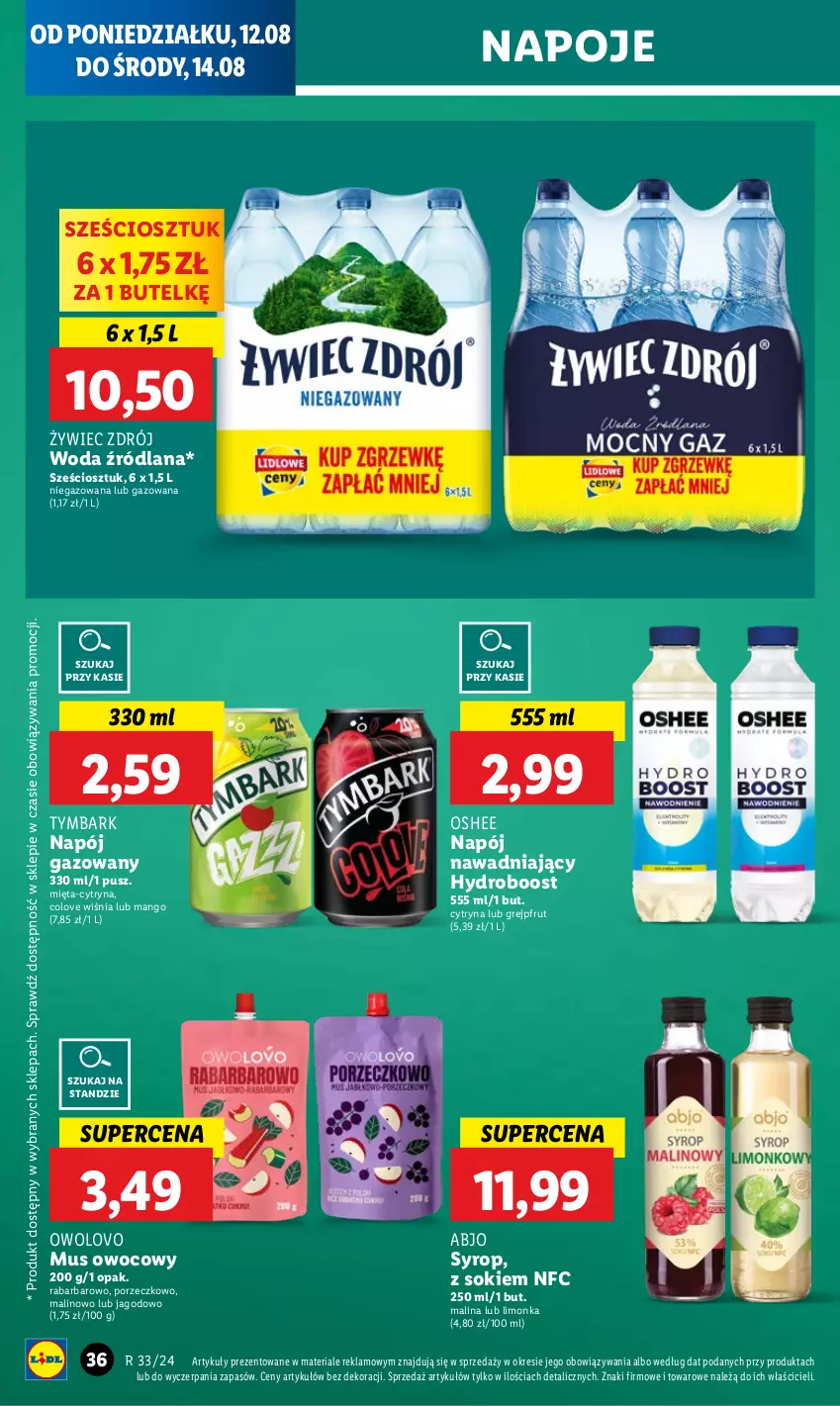 Gazetka promocyjna Lidl - GAZETKA - ważna 12.08 do 14.08.2024 - strona 42 - produkty: Grejpfrut, LANA, Limonka, Mango, Mięta, Mus, Napój, Napój gazowany, Napoje, Oshee, Por, Sok, Syrop, Tymbark, Woda