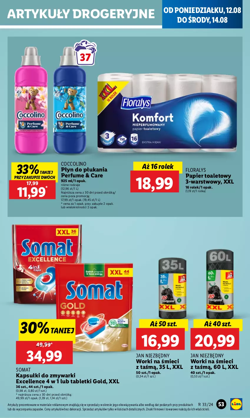 Gazetka promocyjna Lidl - GAZETKA - ważna 12.08 do 14.08.2024 - strona 61 - produkty: Coccolino, Flora, Jan Niezbędny, Papier, Papier toaletowy, Perfum, Płyn do płukania, Somat, Tablet, Worki na śmiec, Worki na śmieci, Zmywarki