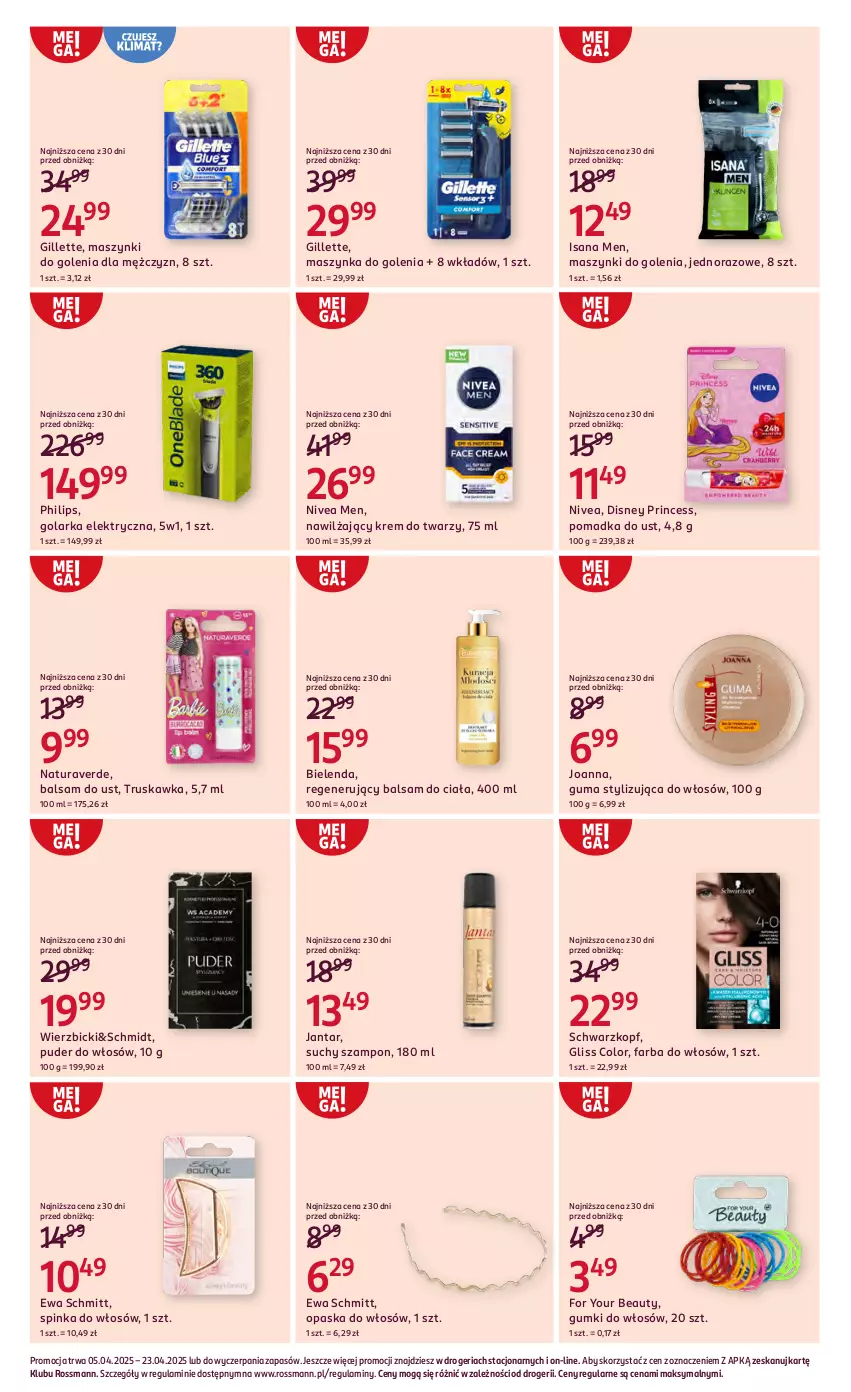Gazetka promocyjna Rossmann - 5 kwietnia - ważna 05.04 do 23.04.2025 - strona 7 - produkty: Balsam do ciała, Balsam do ust, BIC, Bielenda, Disney, Ewa Schmitt, Fa, Farba do włosów, For Your Beauty, Gillette, Golarka, Inka, Isana, Joanna, Krem do twarzy, Maszynka, Maszynka do golenia, Nivea, Nivea Men, Opaska, Opaska do włosów, Philips, Puder, Schwarzkopf, Suchy szampon, Szampon, Szynka