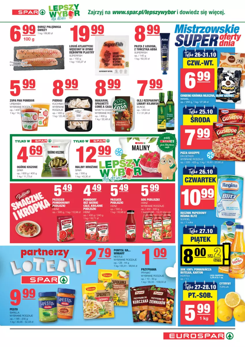 Gazetka promocyjna Spar - EuroSpar - ważna 15.10 do 25.10.2023 - strona 5 - produkty: Dorsz, Hortex, Kuchnia, Kujawski, Makaron, Olej, Olej rzepakowy, Papier, Pierogi, Pizza, Polędwica, Por, Ręcznik, Sok, Sos, Spaghetti, Tuńczyk, Zupa