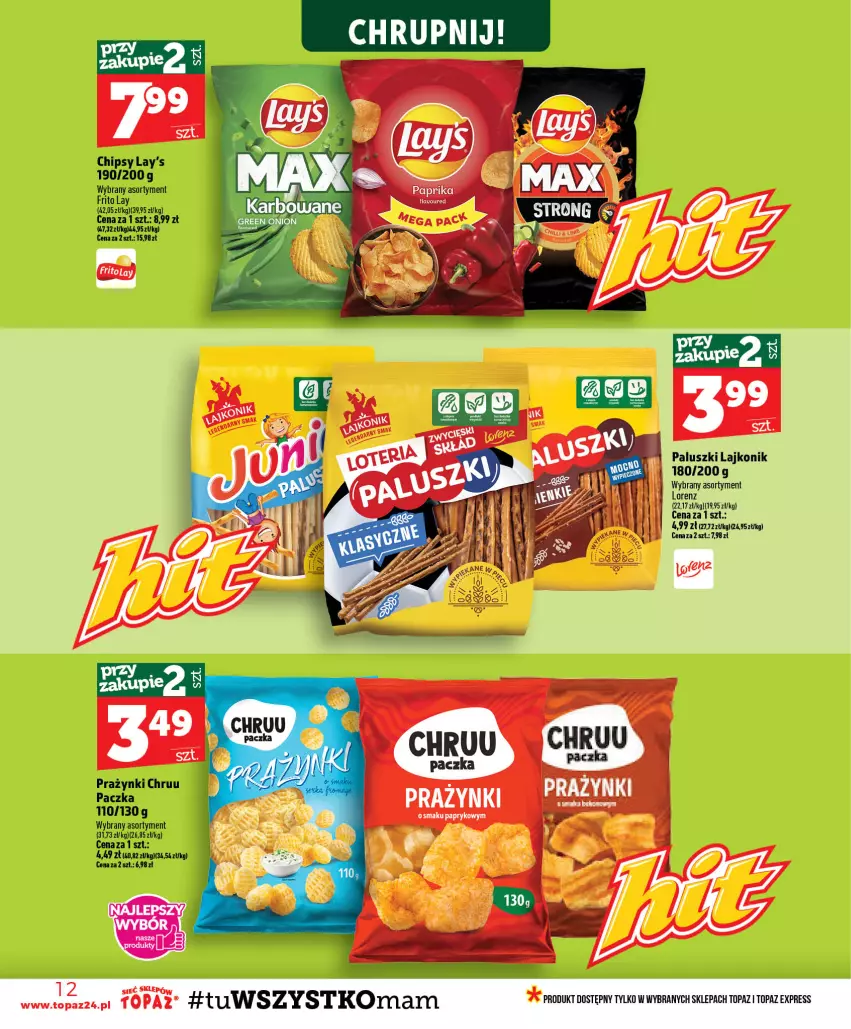 Gazetka promocyjna Topaz - Gazetka - ważna 30.07 do 05.08.2026 - strona 12 - produkty: Chipsy, Lajkonik, Lorenz, Top