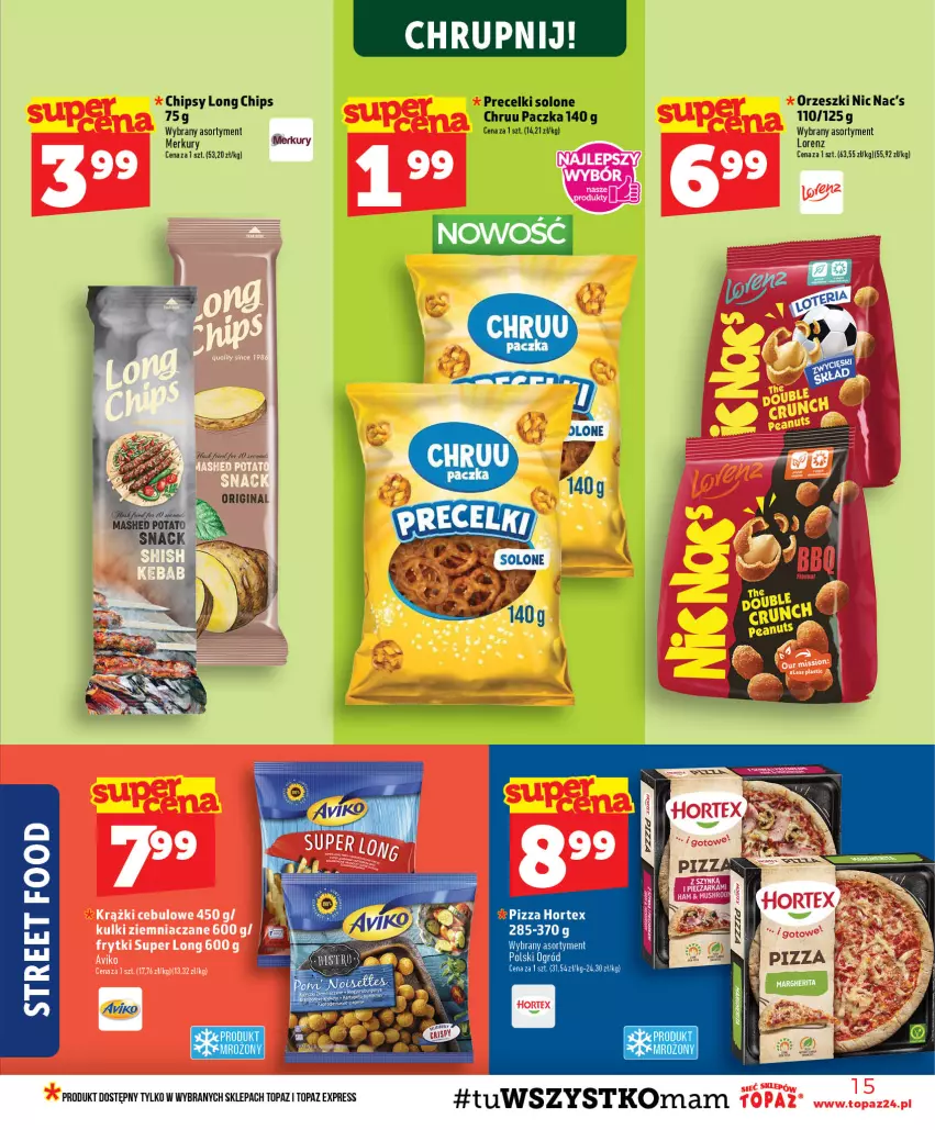 Gazetka promocyjna Topaz - Gazetka - ważna 30.07 do 05.08.2026 - strona 15 - produkty: Chipsy, Hortex, Lorenz, Orzeszki, Pizza, Precelki, Top