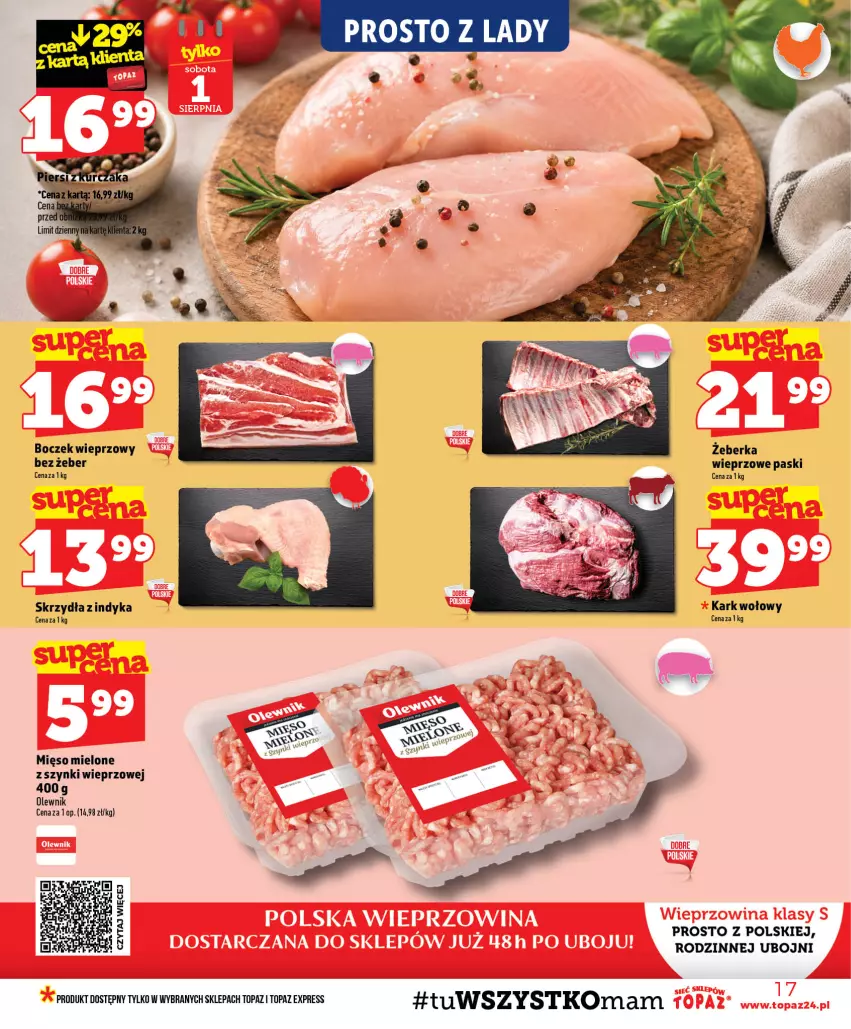 Gazetka promocyjna Topaz - Gazetka - ważna 30.07 do 05.08.2026 - strona 17 - produkty: Boczek, Boczek wieprzowy, Kark wołowy, Mięso, Mięso mielone, Olewnik, Ser, Top
