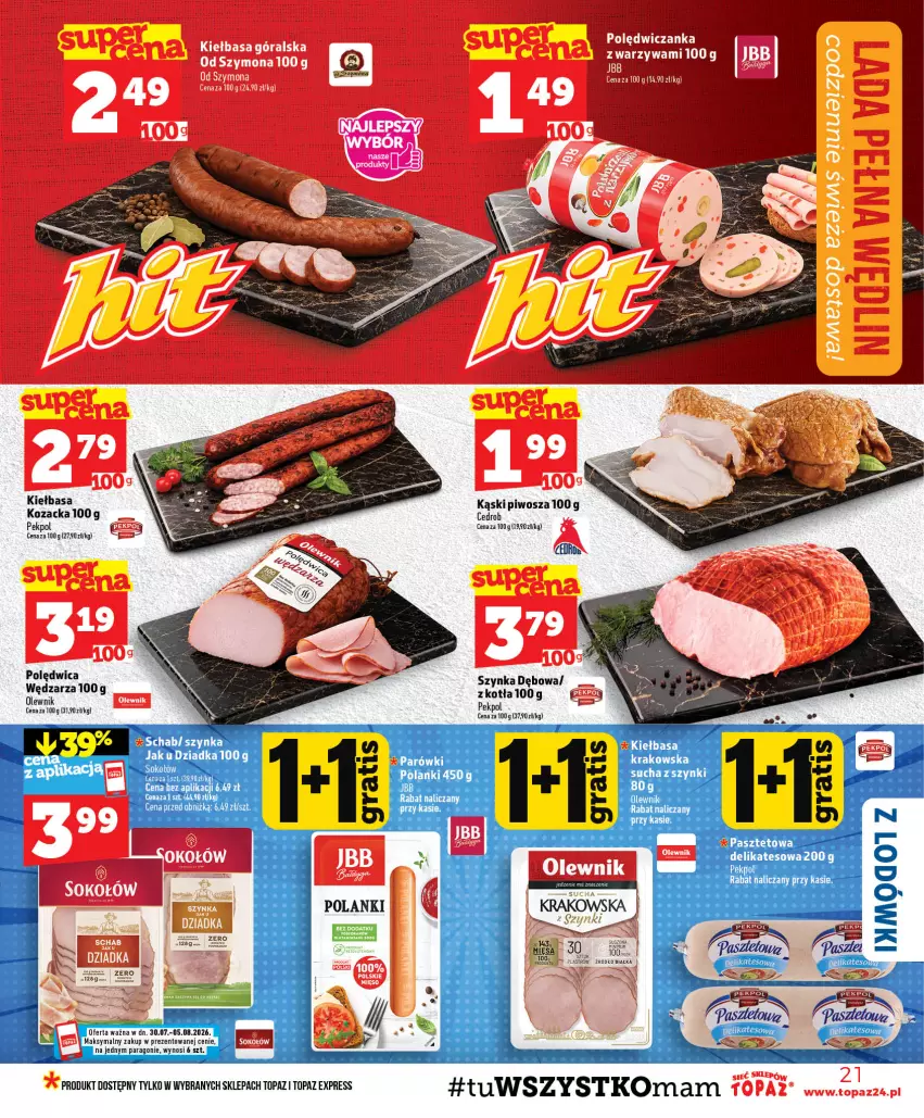 Gazetka promocyjna Topaz - Gazetka - ważna 30.07 do 05.08.2026 - strona 21 - produkty: Kiełbasa, Lanki, Olewnik, Parówki, Pekpol, Piwo, Polędwica, Szynka, Top