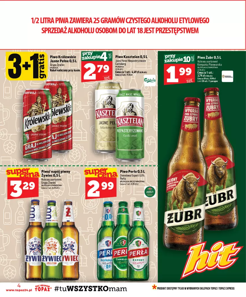Gazetka promocyjna Topaz - Gazetka - ważna 30.07 do 05.08.2026 - strona 4 - produkty: Carlsberg, Kasztelan, Królewski, Napój, Perła, Piwo, Por, Top