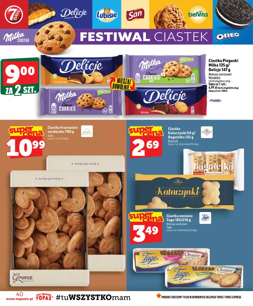 Gazetka promocyjna Topaz - Gazetka - ważna 30.07 do 05.08.2026 - strona 40 - produkty: Ciastka, Ciastka owsiane, Delicje, Milka, Tago, Top