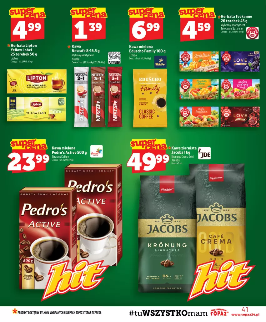 Gazetka promocyjna Topaz - Gazetka - ważna 30.07 do 05.08.2026 - strona 41 - produkty: Fa, Herbata, Jacobs, Kawa, Kawa mielona, Lipton, Teekanne, Top