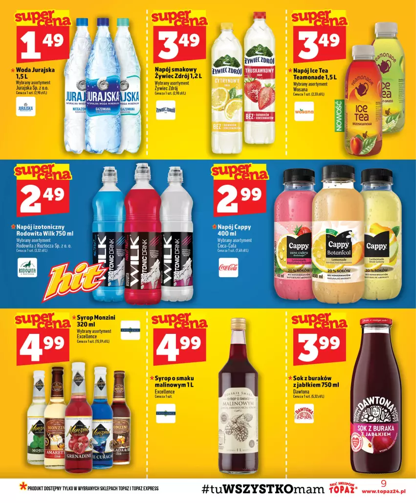 Gazetka promocyjna Topaz - Gazetka - ważna 30.07 do 05.08.2026 - strona 9 - produkty: Cappy, Coca-Cola, Dawtona, Ice tea, Napój, Napój izotoniczny, Ser, Sok, Syrop, Top, Woda, Wosana