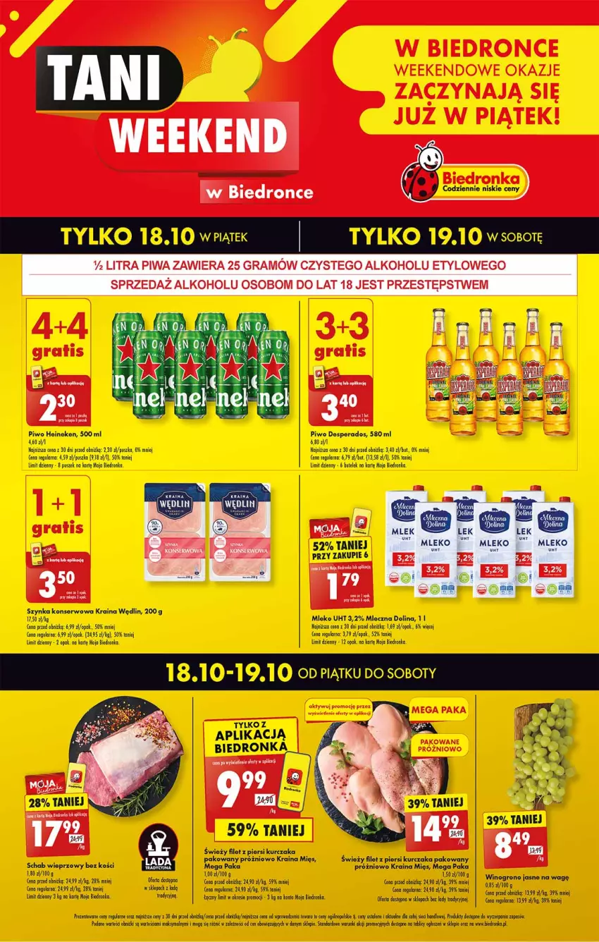 Gazetka promocyjna Biedronka - Od piatku do soboty - ważna 18.10 do 19.10.2024 - strona 1 - produkty: Desperados, Filet z piersi kurczaka, Gra, Heineken, Kurczak, Mleko, Piwa, Piwo, Schab wieprzowy, Ser, Szynka, Szynka konserwowa, Wino