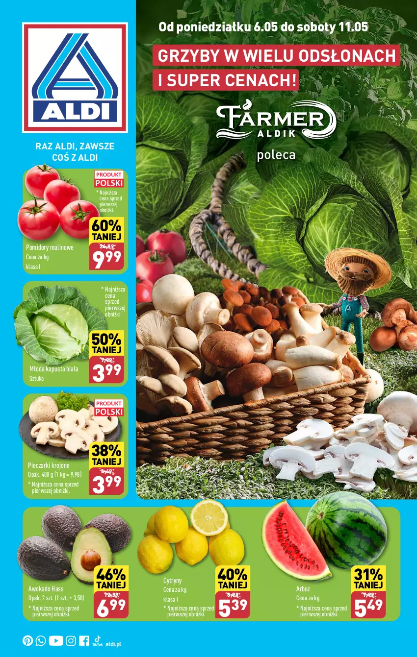 Gazetka promocyjna Aldi - Farmer ALDIK poleca świeże owoce i warzywa - ważna 06.05 do 11.05.2024 - strona 1 - produkty: Arbuz, Cytryny, Grzyby, Piec, Pieczarki krojone, Pomidory