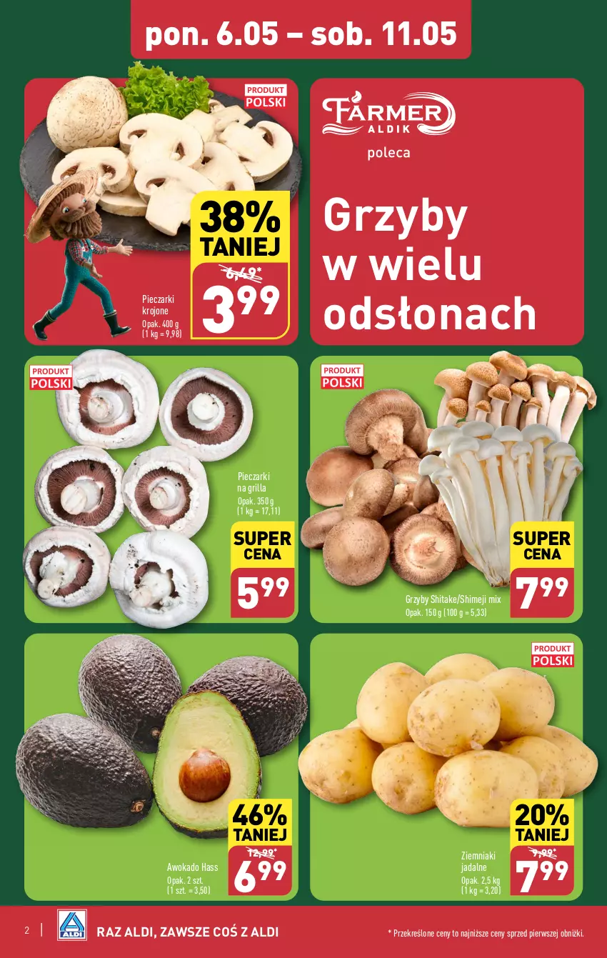 Gazetka promocyjna Aldi - Farmer ALDIK poleca świeże owoce i warzywa - ważna 06.05 do 11.05.2024 - strona 2 - produkty: Grill, Grzyby, Piec, Pieczarki krojone, Ziemniaki