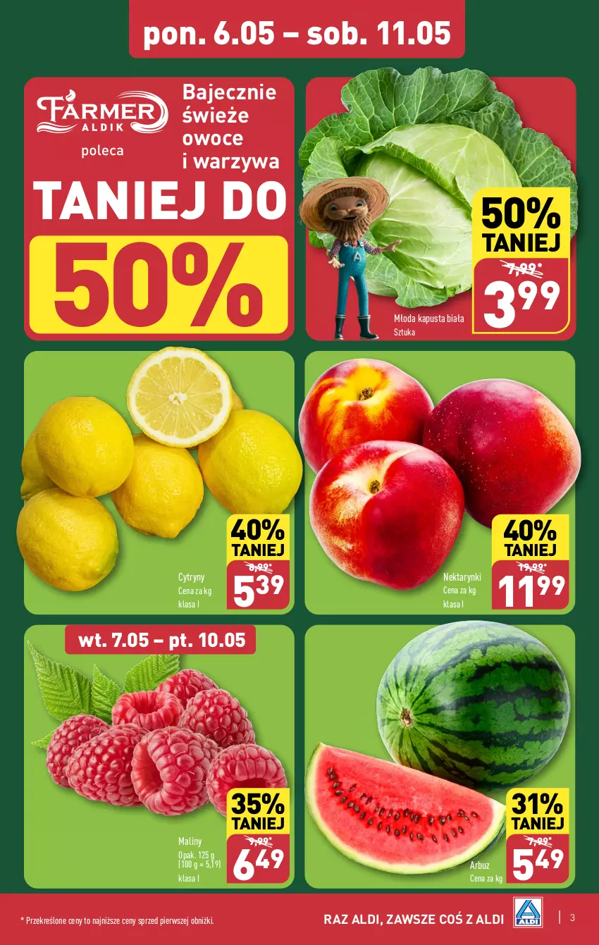 Gazetka promocyjna Aldi - Farmer ALDIK poleca świeże owoce i warzywa - ważna 06.05 do 11.05.2024 - strona 3 - produkty: Arbuz, Cytryny, Maliny, Nektar, Owoce, Warzywa