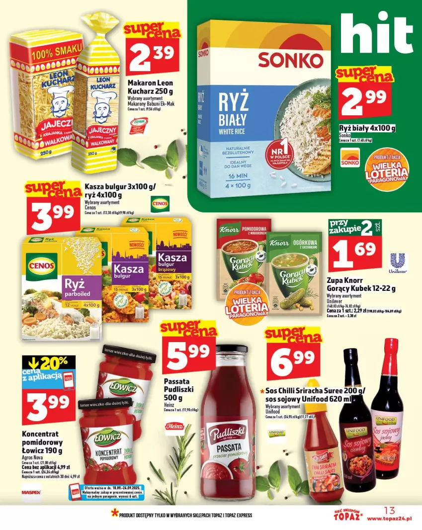 Gazetka promocyjna Topaz - Gazetka - ważna 18.09 do 24.09.2025 - strona 13 - produkty: Babuni, Bulgur, Cenos, Kasza, Knorr, Koncentrat pomidorowy, Kubek, Leon, LG, Makaron, Pudliszki, Ryż, Ryż biały, Top, Zupa