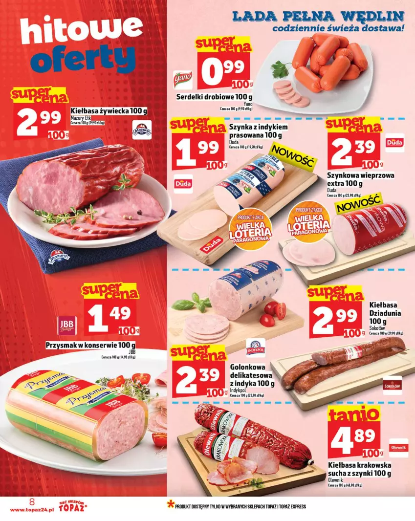 Gazetka promocyjna Topaz - Gazetka - ważna 18.09 do 24.09.2025 - strona 8 - produkty: Duda, Kiełbasa, Kiełbasa krakowska, Olewnik, Ser, Serdelki, Sok, Sokołów, Szynka, Szynkowa wieprzowa, Top