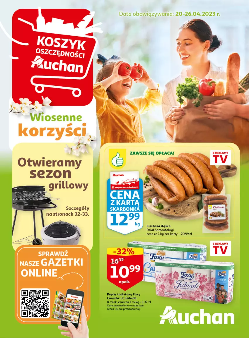 Gazetka promocyjna Auchan - Gazetka Wiosenne korzyści Hipermarket Auchan - ważna 20.04 do 26.04.2023 - strona 1 - produkty: Foxy, Grill, Kiełbasa, Kiełbasa śląska, Papier, Papier toaletowy