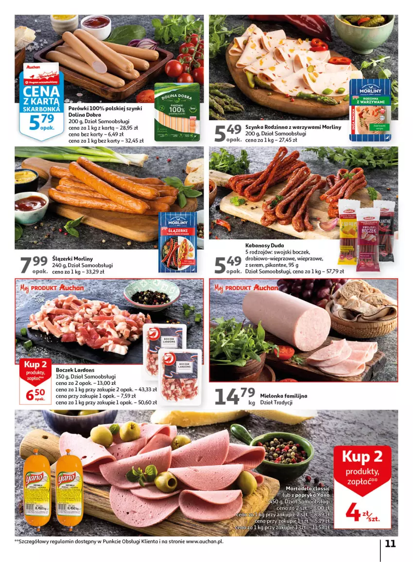 Gazetka promocyjna Auchan - Gazetka Wiosenne korzyści Hipermarket Auchan - ważna 20.04 do 26.04.2023 - strona 11 - produkty: Boczek, Duda, Fa, Hoop, Kabanos, Morliny, Parówki, Ser, Szynka, Warzywa