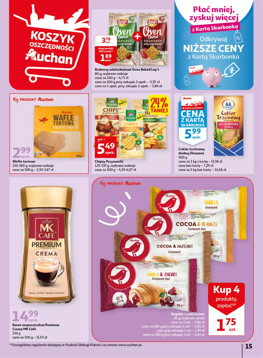 Gazetka promocyjna Auchan - Gazetka Wiosenne korzyści Hipermarket Auchan - ważna 20.04 do 26.04.2023 - strona 15 - produkty: Chipsy, Cukier, Cukier trzcinowy, Diamant, HP, Kawa, Kawa rozpuszczalna, Krakersy, Przysnacki, Wafle, Wafle tortowe
